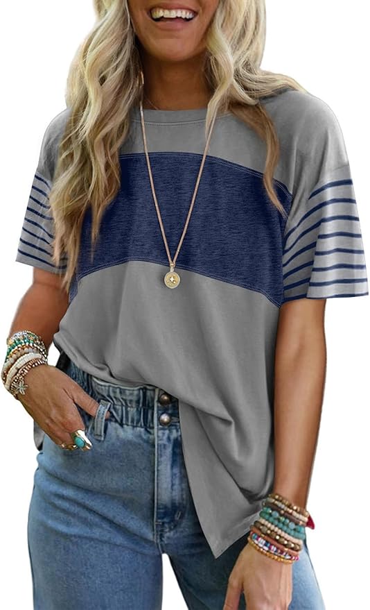 Dokotoo Crewneck Color Block Striped Blouse